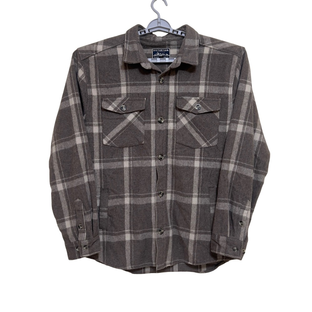 Distortion Men's Plaid Flannel Shirt‎ XXXL Gray Wool Blend Long Sleeve Button Up